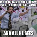 Charlie day pepe | TRYING TO EXPLAIN TO YOUR BOSS WHAT YOU'VE BEEN DOING THE LAST 4 MONTHS; AND ALL HE SEES | image tagged in charlie day pepe | made w/ Imgflip meme maker