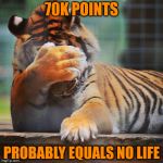 Oh who cares about my real life - this one might just be better . . . | 70K POINTS PROBABLY EQUALS NO LIFE | image tagged in facepalm tiger,help me | made w/ Imgflip meme maker