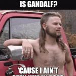 Redneck elf | TELL ME, WHERE IS GANDALF? 'CAUSE I AIN'T SEEN HIM IN AGES. | image tagged in redneck,elf,gandalf,lotr,lord of the rings,memes | made w/ Imgflip meme maker