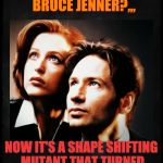 Mulder and Scully gaze to whatever,,, | DIDN'T THAT USED TO BE       BRUCE JENNER?,,, NOW IT'S A SHAPE SHIFTING MUTANT THAT TURNED ITSELF INTO A KARDASHIAN | image tagged in mulder and scully gaze to whatever   | made w/ Imgflip meme maker