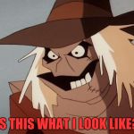 Weird scarecrow | IS THIS WHAT I LOOK LIKE? | image tagged in weird scarecrow | made w/ Imgflip meme maker
