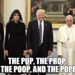 Trump Pope | THE PUP, THE PROP, THE POOP, AND THE POPE | image tagged in trump pope | made w/ Imgflip meme maker
