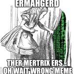 WHAT?! A SEVEN YEAR OLD FOUND THE MATRIX?! OH, YOU FOOLS, SHE'S GETTING AWAY!!! | ERMAHGERD; THER MERTRIX ERS... OH WAIT WRONG MEME | image tagged in alice discovers the matrix | made w/ Imgflip meme maker
