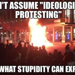 Berkeley Riots | DON'T ASSUME "IDEOLOGICAL PROTESTING"; FOR WHAT STUPIDITY CAN EXPLAIN | image tagged in berkeley riots | made w/ Imgflip meme maker