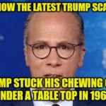 Impartial Holt | AND NOW THE LATEST TRUMP SCANDAL; TRUMP STUCK HIS CHEWING GUM UNDER A TABLE TOP IN 1961! | image tagged in impartial holt | made w/ Imgflip meme maker