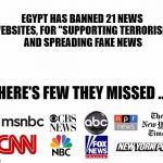 banning fake news | EGYPT HAS BANNED 21 NEWS WEBSITES, FOR "SUPPORTING TERRORISM" AND SPREADING FAKE NEWS; HERE'S FEW THEY MISSED ... | image tagged in msm,biased media | made w/ Imgflip meme maker
