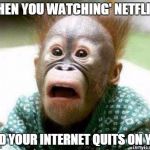 OH SHIT MONKEY | WHEN YOU WATCHING' NETFLIX... AND YOUR INTERNET QUITS ON YOU | image tagged in oh shit monkey | made w/ Imgflip meme maker