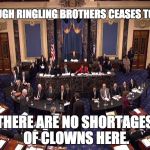 Senate floor | ALTHOUGH RINGLING BROTHERS CEASES TO EXIST; THERE ARE NO SHORTAGES OF CLOWNS HERE. | image tagged in senate floor | made w/ Imgflip meme maker