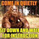 sitting sasquatch | COME IN QUIETLY; SIT DOWN AND WAIT FOR INSTRUCTION | image tagged in sitting sasquatch | made w/ Imgflip meme maker