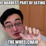 Offensive  | WHAT'S THE HARDEST PART OF EATING A VEGGIE? THE WHEELCHAIR | image tagged in offensive | made w/ Imgflip meme maker