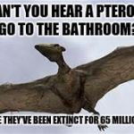 No, it's not because the pee is silent | WHY CAN'T YOU HEAR A PTERODACTYL GO TO THE BATHROOM? BECAUSE THEY'VE BEEN EXTINCT FOR 65 MILLION YEARS | image tagged in pterodactyls | made w/ Imgflip meme maker