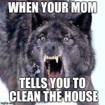 Angry Wolf | WHEN YOUR MOM; TELLS YOU TO CLEAN THE HOUSE | image tagged in angry wolf | made w/ Imgflip meme maker