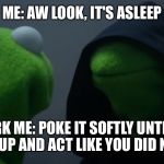 Kermit to Dark Kermit | ME: AW LOOK, IT'S ASLEEP; DARK ME: POKE IT SOFTLY UNTIL IT WAKES UP AND ACT LIKE YOU DID NOTHING | image tagged in kermit to dark kermit | made w/ Imgflip meme maker