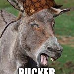 donkey | YOU HEARD WHAT SHE SAID; PUCKER UP, FATBOY | image tagged in donkey,scumbag | made w/ Imgflip meme maker