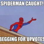 spiderman need it now | SPIDERMAN CAUGHT! BEGGING FOR UPVOTES | image tagged in spiderman need it now | made w/ Imgflip meme maker