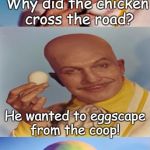 Bad Pun Egghead | Why did the chicken cross the road? He wanted to eggscape from the coop! | image tagged in bad pun egghead,vincent price,batman,memes | made w/ Imgflip meme maker