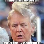I know what covfefe means! | I HAVE THE ANSWER; COVFEFE -> COIFFURE! | image tagged in trump hair,covfefe | made w/ Imgflip meme maker
