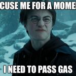 harry potter farts | EXCUSE ME FOR A MOMENT; I NEED TO PASS GAS | image tagged in harry potter farts | made w/ Imgflip meme maker