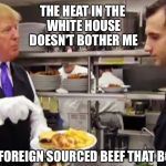 Trump burgers | THE HEAT IN THE WHITE HOUSE DOESN'T BOTHER ME; IT'S THIS FOREIGN SOURCED BEEF THAT BOTHERS ME | image tagged in donald trump,white house,memes | made w/ Imgflip meme maker