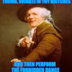 Joseph Ducreux Sitting In A Tree | WHY DOTH THEE SUCKLE THY THUMB, URINATE IN THY BRITCHES; AND THEN PERFORM THE FORBIDDEN DANCE OF THE HULA HULA | image tagged in joseph ducreux,memes,baby carriage,kissing,hula hula dance | made w/ Imgflip meme maker
