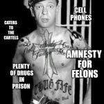 Barney Fife | IT'S A FINE LINE; CELL PHONES; CATERS TO THE CARTELS; AMNESTY FOR FELONS; PLENTY OF DRUGS IN PRISON; BETWEEN THE INSIDE AND OUTSIDE OF THE BARS | image tagged in barney fife | made w/ Imgflip meme maker