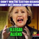 Conspiracy Hillary | I DIDN'T WIN THE ELECTION BECAUSE I DIDN'T GET ENOUGH SUPPORT FROM... ILLEGAL ALIENS | image tagged in alien hillary,memes | made w/ Imgflip meme maker
