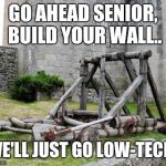 Borderwars | GO AHEAD SENIOR, BUILD YOUR WALL.. WE'LL JUST GO LOW-TECH! | image tagged in catapult,trump,memes,build a wall,mexico,illegal immigration | made w/ Imgflip meme maker