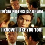 dream date... | I'M SAYING THIS IS A DREAM; I KNOW! I LIKE YOU TOO! | image tagged in inception2,dating,speed dating,dream,living the dream,inception | made w/ Imgflip meme maker
