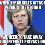 When the going gets tough... Take law abiding citizen rights away | WHEN TERRORISTS ATTACK WE MUST GET TOUGH; WE NEED TO TAKE AWAY YOUR INTERNET PRIVACY NOW | image tagged in theresa may | made w/ Imgflip meme maker