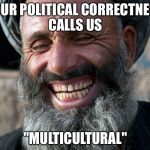 Laughing Terrorist | YOUR POLITICAL CORRECTNESS CALLS US; "MULTICULTURAL" | image tagged in laughing terrorist | made w/ Imgflip meme maker