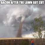 Baconado! | WHEN THERE'S A TORNADO BUT YOU WERE PROMISED BACON AFTER THE LAWN GOT CUT | image tagged in tornado dad,iwanttobebacon,iwanttobebaconcom | made w/ Imgflip meme maker