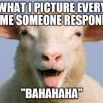 Derp Sheep | WHAT I PICTURE EVERY TIME SOMEONE RESPONDS; "BAHAHAHA" | image tagged in derp sheep | made w/ Imgflip meme maker