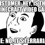You Don't Say? | CUSTOMER: HEY, IS THIS A MINECRAFT VIDEO GAME? ME: NO, IT'S TERRARIA. | image tagged in you don't say | made w/ Imgflip meme maker
