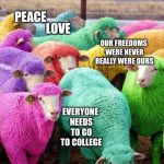 Easter Sheep | WE ARE SPECIAL; PEACE; LOVE; OUR FREEDOMS WERE NEVER REALLY WERE OURS; EVERYONE NEEDS TO GO TO COLLEGE; NOTHING BAD WILL EVER HAPPEN TO US | image tagged in easter sheep | made w/ Imgflip meme maker