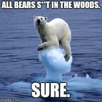 Is he not a bear anymore? | ALL BEARS S**T IN THE WOODS. SURE. | image tagged in global warming polar bear | made w/ Imgflip meme maker