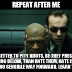 Repeat after me | REPEAT AFTER ME; "IT IS BETTER TO PITY IDIOTS, BE THEY PRESIDENTS OR ANYTHING BELOW, THAN HATE THEM, HATE IS A FEELING THAT LEAVE NO SENSIBLE WAY FORWARD, LEARN TO MOVE ON" | image tagged in repeat after me | made w/ Imgflip meme maker