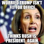 Pelosi | WORRIED TRUMP ISN'T FIT FOR OFFICE; THINKS BUSH IS PRESIDENT.  AGAIN. | image tagged in pelosi | made w/ Imgflip meme maker
