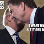 Trump Comey | YOUR ASS IS GRASS; I WANT MY THERAPY KITTY AND A SAFE SPACE | image tagged in trump comey | made w/ Imgflip meme maker