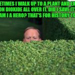 ss bushes | SOMETIMES I WALK UP TO A PLANT AND EXHALE CARBON DIOXIDE ALL OVER IT. DID I SAVE ITS LIFE? MAYBE. AM I A HERO? THAT'S FOR HISTORY TO DECIDE. | image tagged in bushes,global warming,carbon dioxide,history,funny,funny memes | made w/ Imgflip meme maker