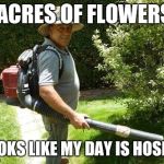 Gardener  | 5 ACRES OF FLOWERS? LOOKS LIKE MY DAY IS HOSED! | image tagged in gardener | made w/ Imgflip meme maker