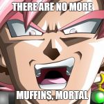 NOOOOOOOOOOOOOOOOOOOOOOO!!! | THERE ARE NO MORE; MUFFINS, MORTAL | image tagged in goku black super saiyan rose,memes,dragon ball super,goku black,muffins,goku | made w/ Imgflip meme maker