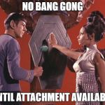 Spock T'pring Attachment Unavailable | NO BANG GONG; UNTIL ATTACHMENT AVAILABLE | image tagged in spock t'pring attachment unavailable | made w/ Imgflip meme maker