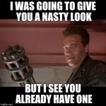 Terminator Meme | I WAS GOING TO GIVE YOU A NASTY LOOK; BUT I SEE YOU ALREADY HAVE ONE | image tagged in terminator meme | made w/ Imgflip meme maker