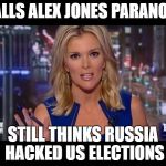 Megyn Kelly Essentially | CALLS ALEX JONES PARANOID; STILL THINKS RUSSIA HACKED US ELECTIONS | image tagged in megyn kelly essentially | made w/ Imgflip meme maker