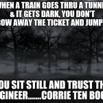 Darkness | WHEN A TRAIN GOES THRU A TUNNEL & IT GETS DARK, YOU DON'T THROW AWAY THE TICKET AND JUMP OFF. YOU SIT STILL AND TRUST THE ENGINEER.......CORRIE TEN BOOM | image tagged in darkness | made w/ Imgflip meme maker