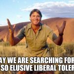 Steve Irwin Crocodile Hunter  | TODAY WE ARE SEARCHING FOR THE EVER SO ELUSIVE LIBERAL TOLERANCE | image tagged in steve irwin crocodile hunter | made w/ Imgflip meme maker