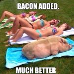 "FIRST DAY of SUMMER" - Bacon Scent Oil is all the rage! | BACON ADDED. MUCH BETTER | image tagged in memes blondes | made w/ Imgflip meme maker