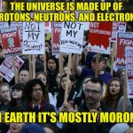 Anti Trump protest | THE UNIVERSE IS MADE UP OF PROTONS, NEUTRONS, AND ELECTRONS; ON EARTH IT'S MOSTLY MORONS | image tagged in anti trump protest | made w/ Imgflip meme maker