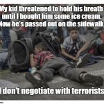 Don't threaten me with a good time. | My kid threatened to hold his breath until I bought him some ice cream. Now he's passed out on the sidewalk. I don't negotiate with terrorists. | image tagged in funny meme,ice cream,pass out,terrorists | made w/ Imgflip meme maker