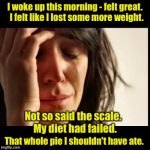 Limerick Week (a MnMinPhx event) | I woke up this morning - felt great.  I felt like I lost some more weight. Not so said the scale.  My diet had failed. That whole pie I shouldn't have ate. | image tagged in limerick week,first world problems black bars | made w/ Imgflip meme maker